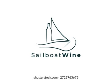 Logotipo creativo del velero de la botella de vino para los bares de vino, las bodegas costeras y la marca de lujo