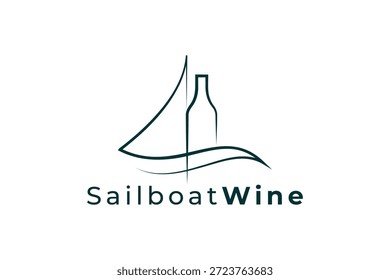 Logotipo creativo del velero de la botella de vino para los bares de vino, las bodegas costeras y la marca de lujo