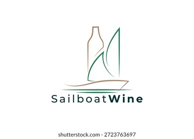 Logotipo creativo del velero de la botella de vino para los bares de vino, las bodegas costeras y la marca de lujo