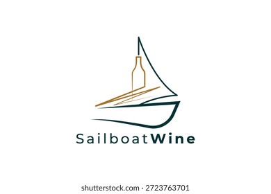 Logotipo creativo del velero de la botella de vino para los bares de vino, las bodegas costeras y la marca de lujo