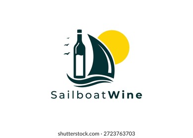 Logotipo de veleiro de garrafa de vinho criativo para barras de vinho, vinícolas costeiras e marca de luxo