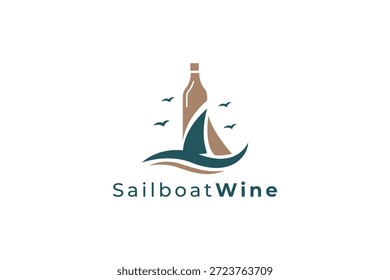 Logotipo creativo del velero de la botella de vino para los bares de vino, las bodegas costeras y la marca de lujo