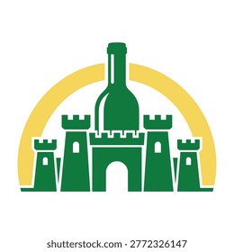 A creative wine castle logo design featuring a green wine bottle silhouette integrated into a fortress structure with yellow sun background for winery brand identity.