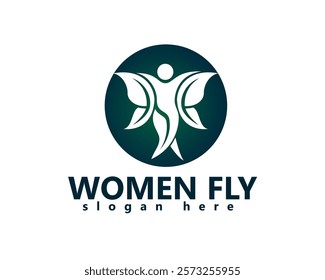 creative winged person with wings forming leaves logo design template