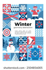 Creative winter background with abstract geometric patterns and elements of winter leisure, sport activity, warm clothes, nature, forest. Poster, banner, flyer, cover