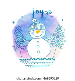 Creative winter background with cute smiling snowman, Hand drawn doodle style vector illustration, Concept for Merry Christmas celebration.