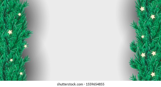 Creative winter background with fir branches on gray-white background. Vector paper illustration. Christmas background cover template