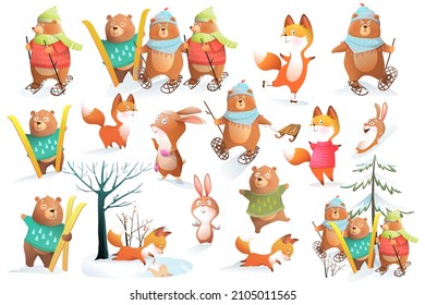 Creative winter forest animals for Christmas and season greetings. Bear, fox and rabbits skiing and skating. Characters isolated clipart for kids, holiday illustration collection. 