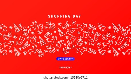 Creative winter pattern template with Christmas line of snowflakes, boxes, deer, spruce and sock on a red background for flyers, poster, web banner.