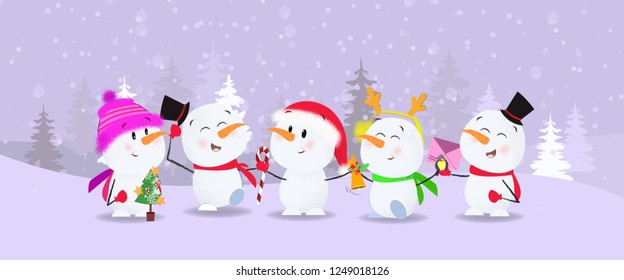 Creative winter  postcard with cartoon company. Poster with cartoon characters of elf, Santa Claus and piglet with bright front page. Can be used for programs, postcards, invitations