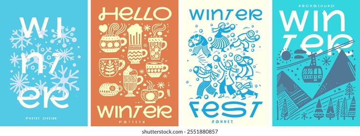 A creative winter poster set with retro-inspired illustrations, featuring snowflakes, cozy mugs, festive snowball scenes, and a ski resort vibe in vector design.