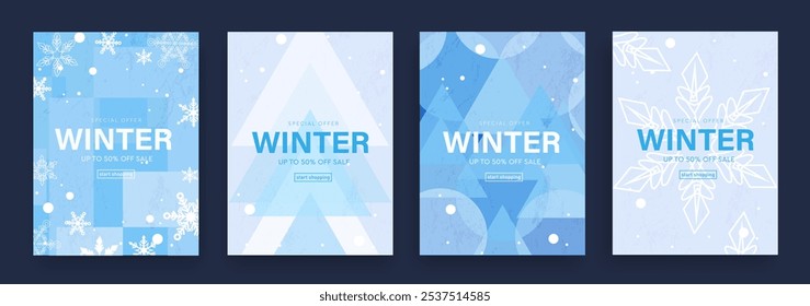 Conjunto de venta de invierno creativo. Patrones de fondo 3D y diseño Abstractas para publicidad, Web, redes sociales, carteles, Anuncios, cubiertas. Ofreciendo 20%-50% de descuento. Ilustración vectorial.