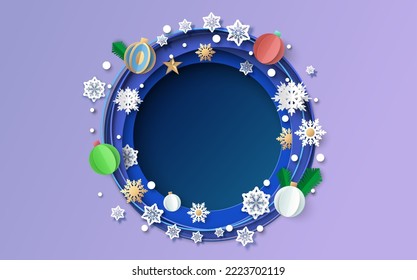 Creative winter vector background. Christmas wreath paper cut art craft style illustration. Holiday ornament with xmas balls knick-knackery, snowflake with copy space for greeting text advertisement