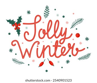 Creative winter-themed design featuring the words jolly winter with festive foliage elements