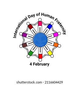creative wishing card design idea for 4 February International Day of Human Fraternity. Illustration of people holding hands around the world