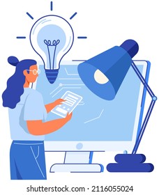 Creative woman with computer and light bulb design. Idea and imagination theme concept. New idea while working with computer program. Businesswoman designing new digital project vector illustration