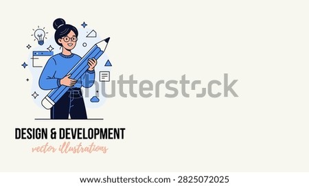 Creative woman designer holding giant pencil for design and development concept flat vector illustration isolated