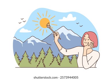 Creative woman draws sunny nature and dreams of visiting ecologically clean reserve with smile. Happy girl creates artwork with picturesque nature, thinks about stopping climate change