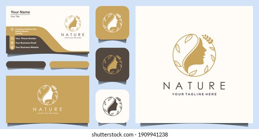 creative woman face with leaf style stylized silhouette, beauty salon logo design.