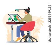 Creative Woman Graphic Designer Sitting At Desk Making Sketch On Tablet At Workplace. Young Female Character Create Design at Home or Studio Workplace. Cartoon People Vector Illustration