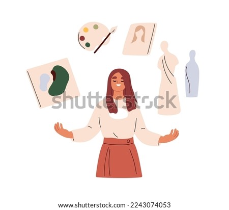 Creative woman, happy inspired artist. Creativity and inspiration, art hobbies and education concept. Talented creator thinking about artworks. Flat vector illustration isolated on white background