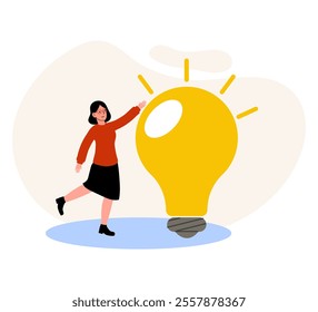 Creative woman interacting with a large light bulb in a bright and cheerful setting