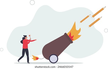 mujer creativa lanza nueva idea disparando cañón de lápiz en la Ilustración vectorial sky.flat.