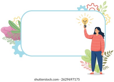 Creative woman with lightbulb and empty space frame
