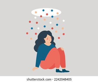 Creative woman looks at the source of creation, innovation and inspiration. Person sits under a falling stream of confetti, opens up new ideas and dreams. Freedom, improvement or development concept.