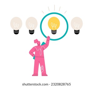 Creative woman with a magnifying glass in his hands is looking for idea. Colorful vector illustration
