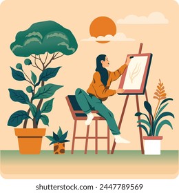 Creative woman painting on canvas, colorful vector illustration, suitable for hobbies and artistic leisure activity concepts.