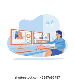 Creative woman processing film montages at a digital multimedia company. Work on a computer using post-production software and two monitors. Video Editor concept. trend modern vector flat illustration