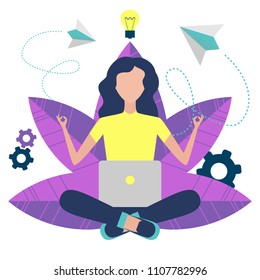 Creative woman sitting in lotus pose, thinking about work, design projects, generate idea. Modern young girl sitting with laptop like freelancer or distance learning by online courses. Character.