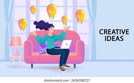 Creative woman sitting on a sofa with a laptop and lightbulbs representing innovative thinking, brainstorming, and digital creativity. Ideal for marketing, idea generation, and remote work themes.