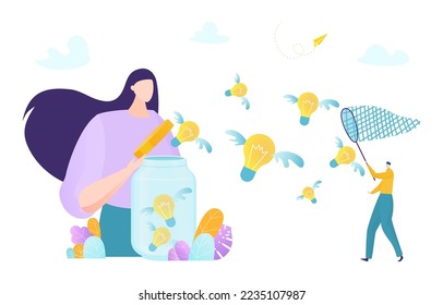 Creative woman spread idea glass jar, tiny male butterfly catcher catch light bulb with wing flat vector illustration, isolated on white.