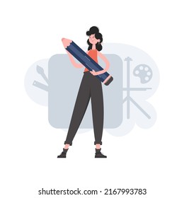 Creative woman stands in full growth holds a large pencil. Design. Element for presentations, sites. Vector illustration