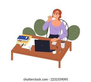 Creative woman at work. Inspired excited employee, office worker at desk with laptop computer. Happy creator creating, composing at workplace. Flat vector illustration isolated on white background