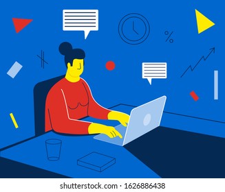 Creative woman in work progress. Creative people generating ideas. Work process. Vector