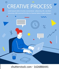 Creative woman in work progress. Creative people generating ideas. Work process. Vector