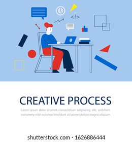 Creative woman in work progress. Creative people generating ideas. Work process. Vector