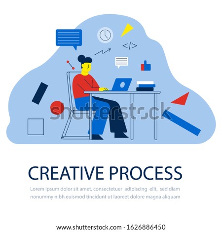 Creative woman in work progress. Creative people generating ideas. Work process. Vector