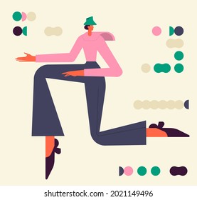 Creative woman working and creating in chaos of scattered abstract geometric shapes. Concept of creation process. Colored flat textured vector illustration isolated on white background .