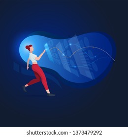 Creative woman working on technological business. Vector illustration. 