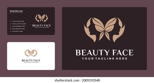 mujeres creativas enfrentan el logo con el concepto mariposa y tarjeta de negocios