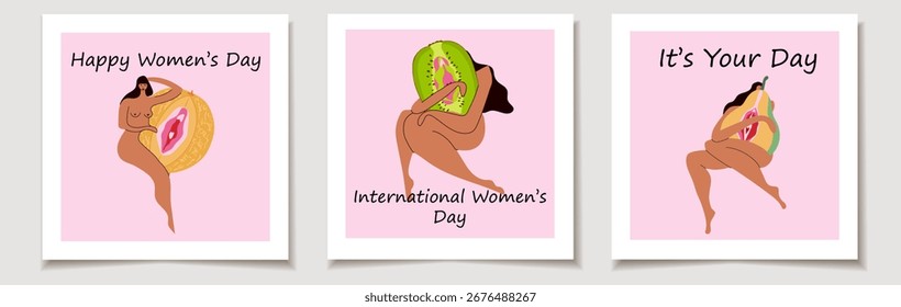 Kreatives Poster-Design zum Frauentag mit Früchten und Nacktfiguren