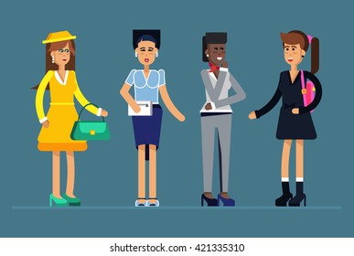 Creative women's fashion images. Flat illustration stylish female characters. Appearance and look of young women. Moden female looks.