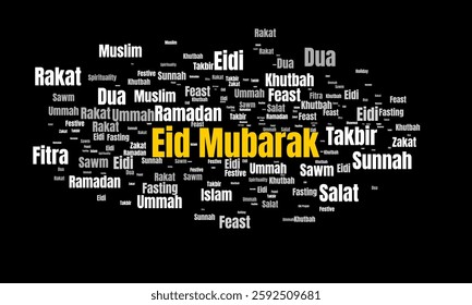 Creative word cloud with 'Eid Mubarak' prominently displayed surrounded by terms celebrating Islam. Perfect for festive or cultural representations.