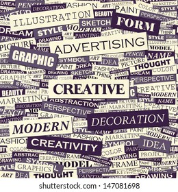 CREATIVE. Word cloud illustration. Tag cloud concept collage. Vector text illustration. 