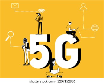 Creative Word concept 5G and People doing technical activities