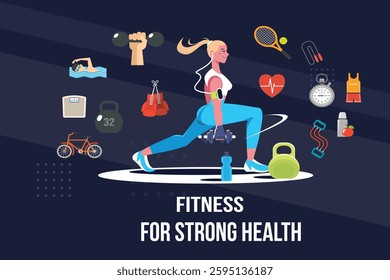 A creative work about fitness using many workout,s  items And standard colors